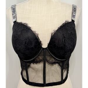NEW Victoria's Secret RHINESTONE Strap Push-up Bustier Corset Black Lace 32C